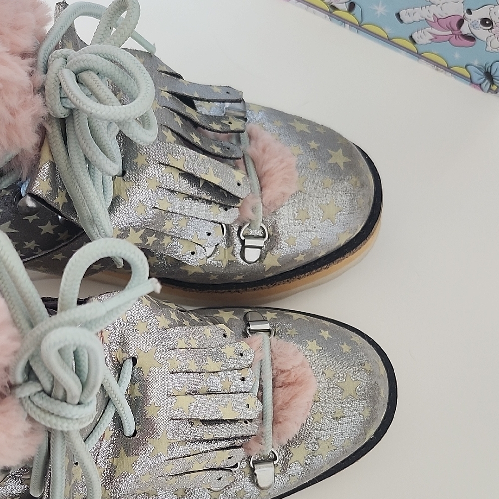 Irregular Choice Silver Star Fringe Boots with Pink Faux Fur Trim - Picture 12 of 16